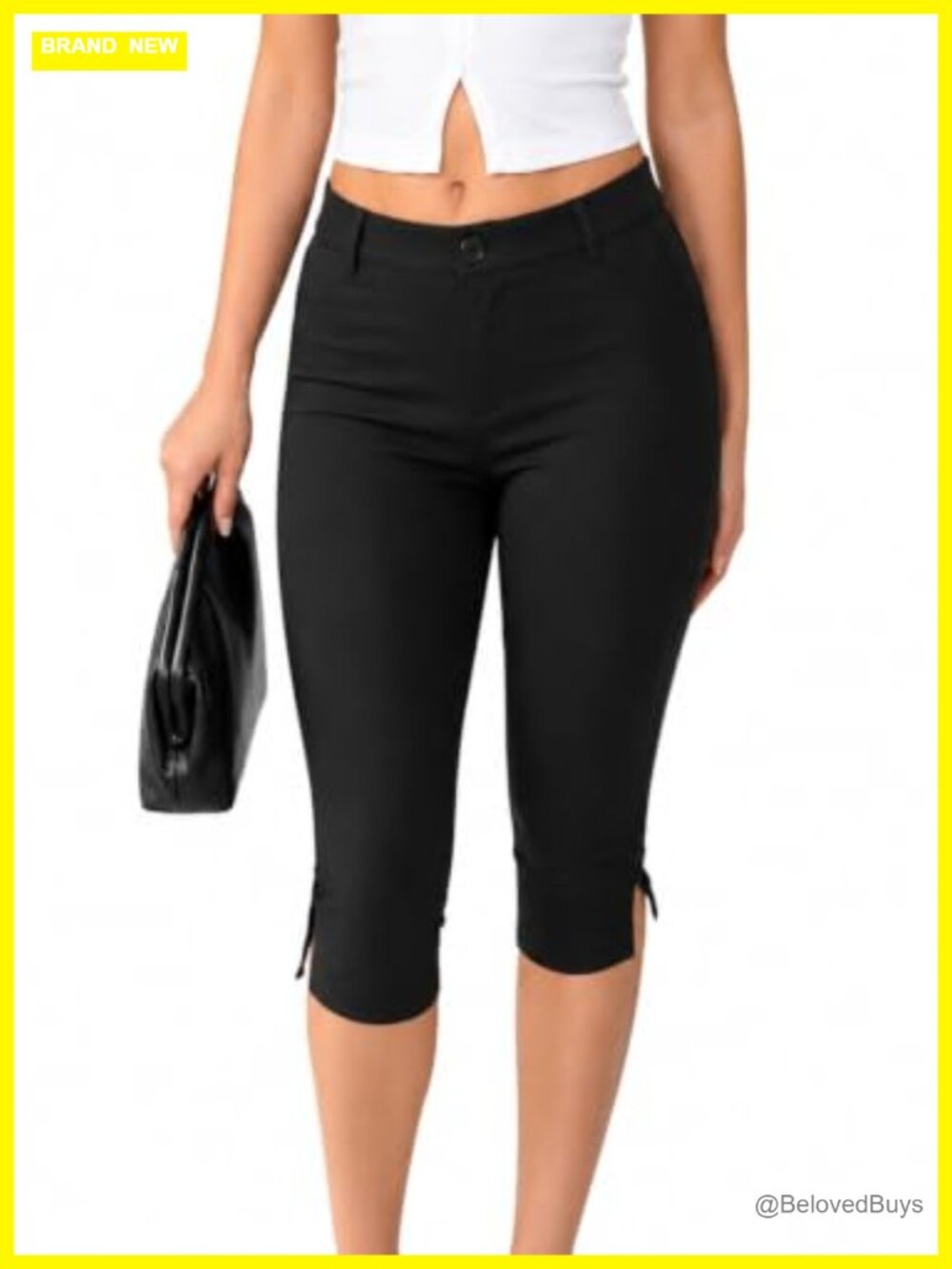 Skinny Capri Pants Stretch Side Slit Hem Cropped Work Pants